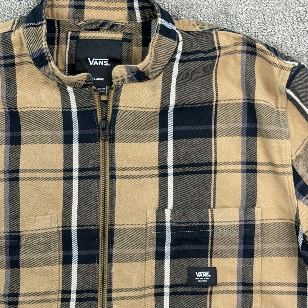Vans Mens L Plaid Flannel Jacket Tan Black Full Zip Skate Shacket VN0A4PTQDZ9